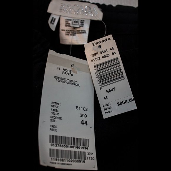 Escada Pants Navy/Black 100% Virgin Wool NWT $850 Size EU 44 US 10 - Picture 6 of 8